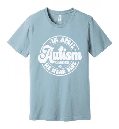 Autism - In April We Wear Blue - Emblem With Groovy Text (White) - T-Shirt