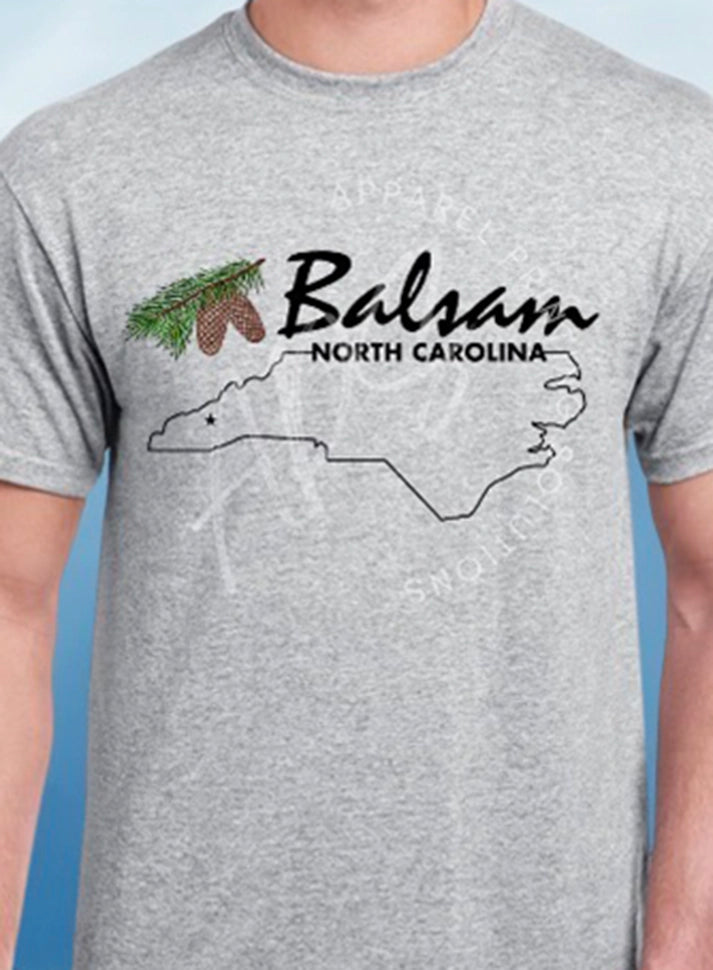Gray t-shirt with 'Balsam North Carolina' design.