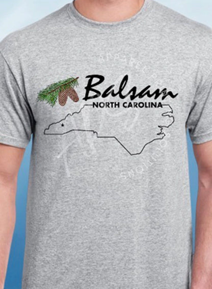 Gray t-shirt with 'Balsam North Carolina' design.