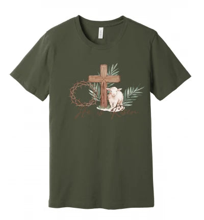 Easter - He is Risen (With Crown of Thorns, Cross and Sheep) - T-Shirt