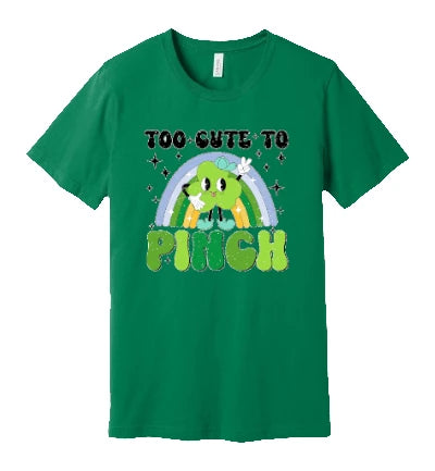 St. Patty's Day - Too Cute to Pinch (Distressed Blue Rainbow and Clover): T-Shirt