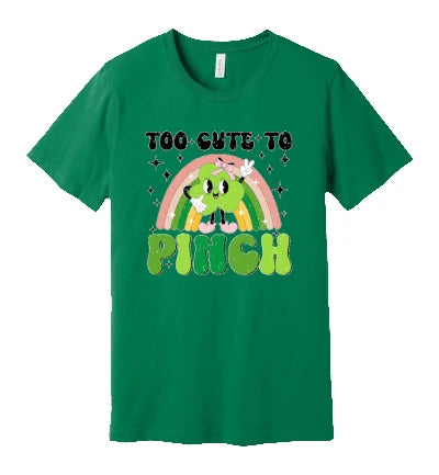 St. Patty's Day - Too Cute to Pinch (Distressed Pink Rainbow and Clover): T-Shirt