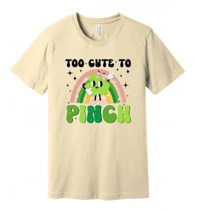 St. Patty's Day - Too Cute to Pinch (Distressed Pink Rainbow and Clover): T-Shirt